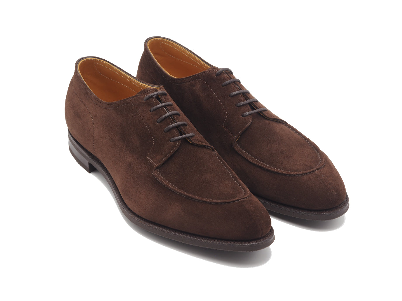 Front angle view of Edward Green unlined Dover split toe derby shoes in mink suede