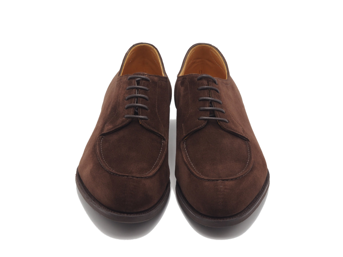 Front view of Edward Green unlined Dover split toe derby shoes in mink suede