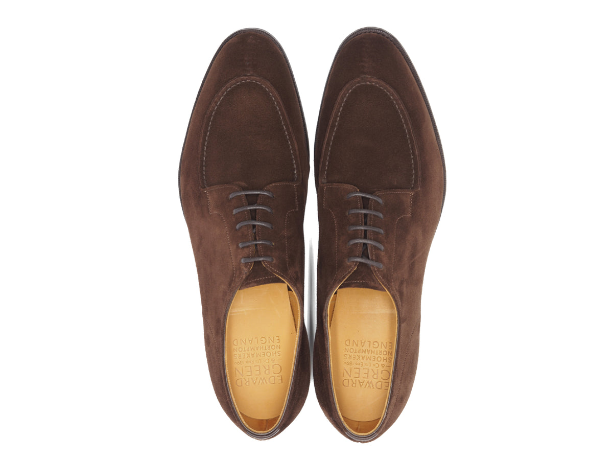 Top view of Edward Green unlined Dover split toe derby shoes in mink suede