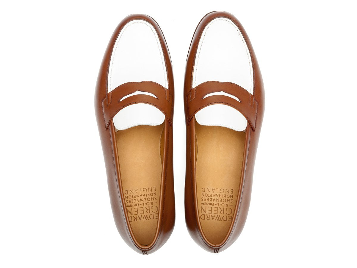 Top view of Edward Green Duke spectator penny loafers in hazel and white calf