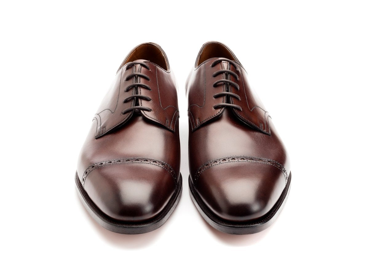 Front view of Edward Green Elmsley quarter brogue derby shoes in dark oak antique calf