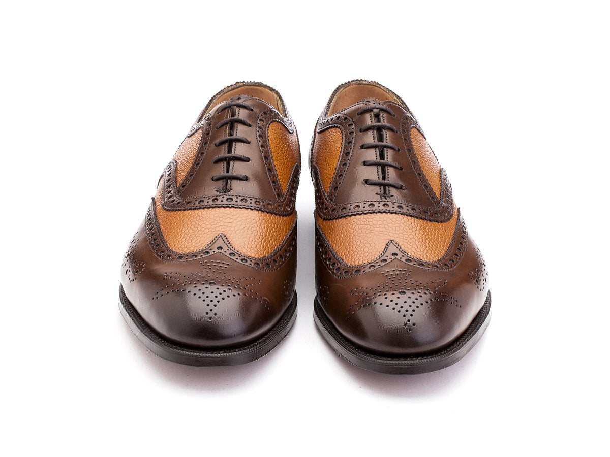 Front view of F width Edward Green Falkirk spectator wingtip full brogue oxford shoes in dark oak antique and almond country calf