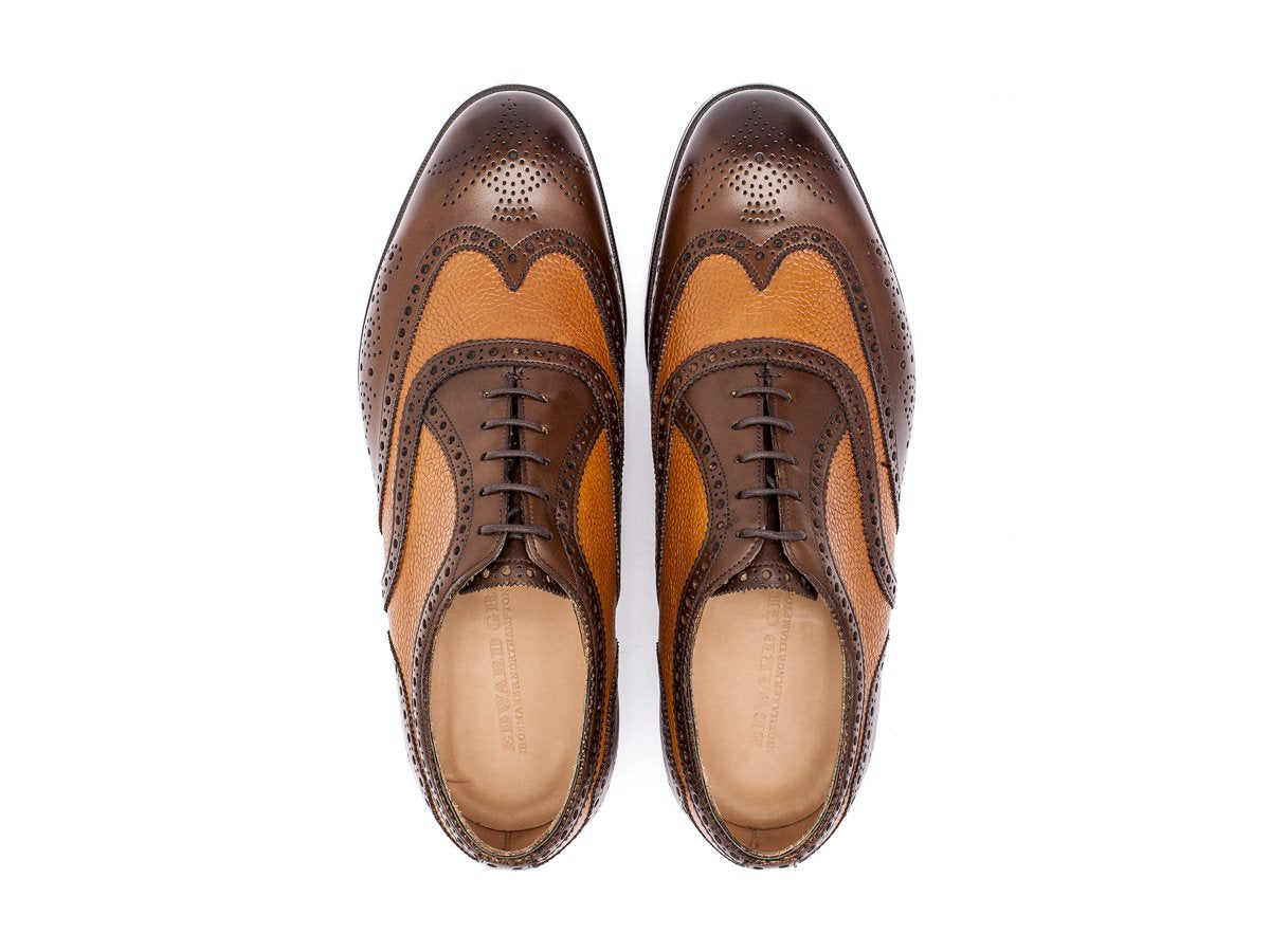Top view of F width Edward Green Falkirk spectator wingtip full brogue oxford shoes in dark oak antique and almond country calf