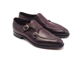 Front angle view of Edward Green Fulham split toe double monk strap shoes in nightshade antique calf