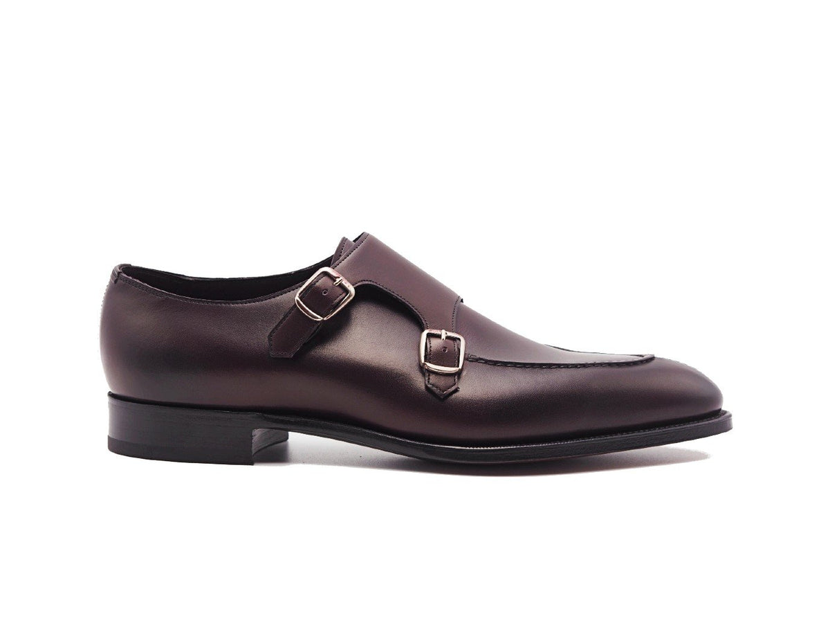 Side view of Edward Green Fulham split toe double monk strap shoes in nightshade antique calf