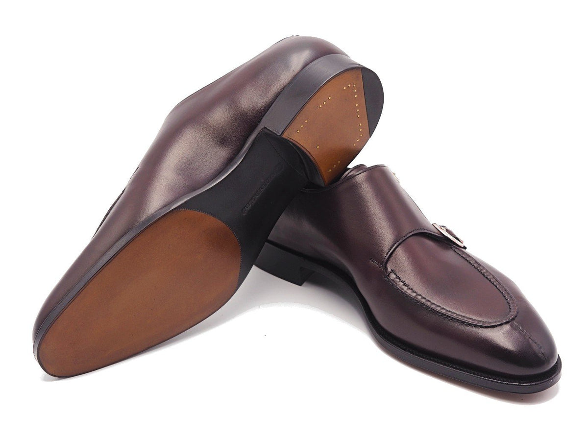 Leather sole of Edward Green Fulham split toe double monk strap shoes in nightshade antique calf