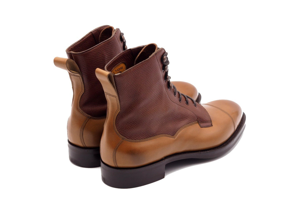 Back angle view of Edward Green Galway derby field boots in burnt pine antique calf upper and burgundy utah shaft