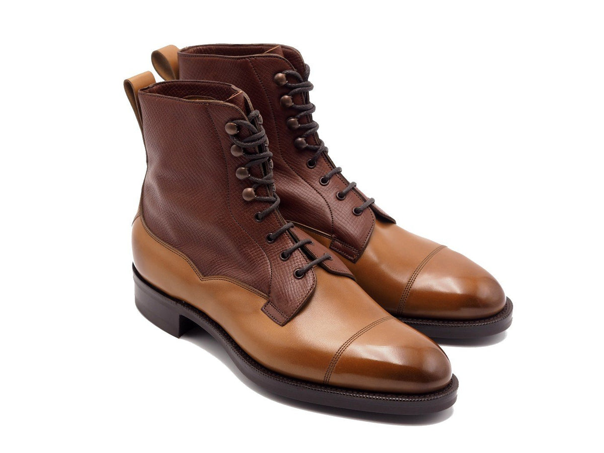Front angle view of Edward Green Galway derby field boots in burnt pine antique calf upper and burgundy utah shaft