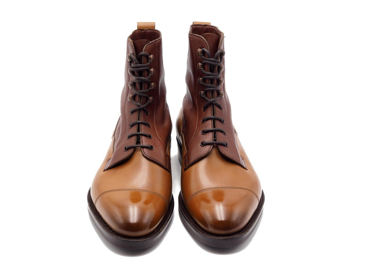 Front view of Edward Green Galway derby field boots in burnt pine antique calf upper and burgundy utah shaft