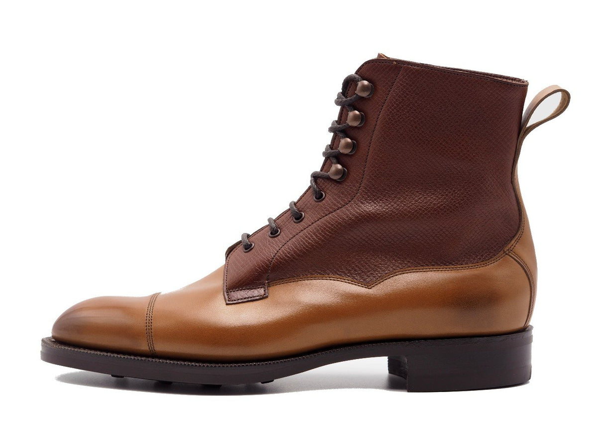 Side view of Edward Green Galway derby field boots in burnt pine antique calf upper and burgundy utah shaft