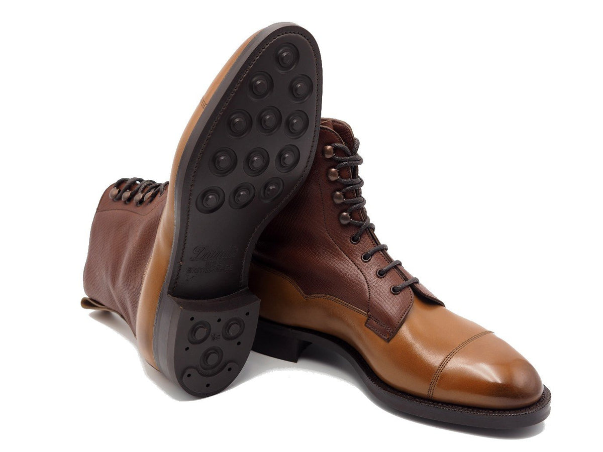 Dainite rubber sole of Edward Green Galway derby field boots in burnt pine antique calf upper and burgundy utah shaft