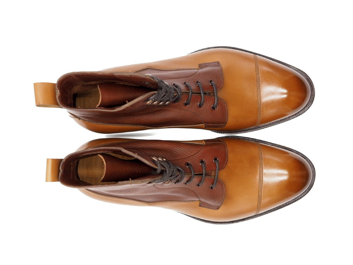 Top view of Edward Green Galway derby field boots in burnt pine antique calf upper and burgundy utah shaft