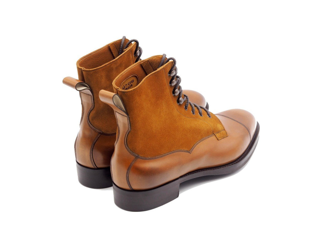 Back angle view of Edward Green Galway derby field boots in chestnut antique calf upper and tobacco suede shaft