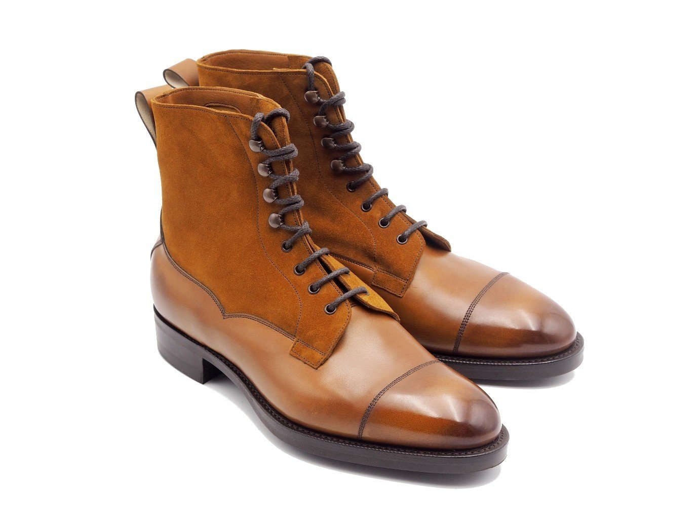 Front angle view of Edward Green Galway derby field boots in chestnut antique calf upper and tobacco suede shaft