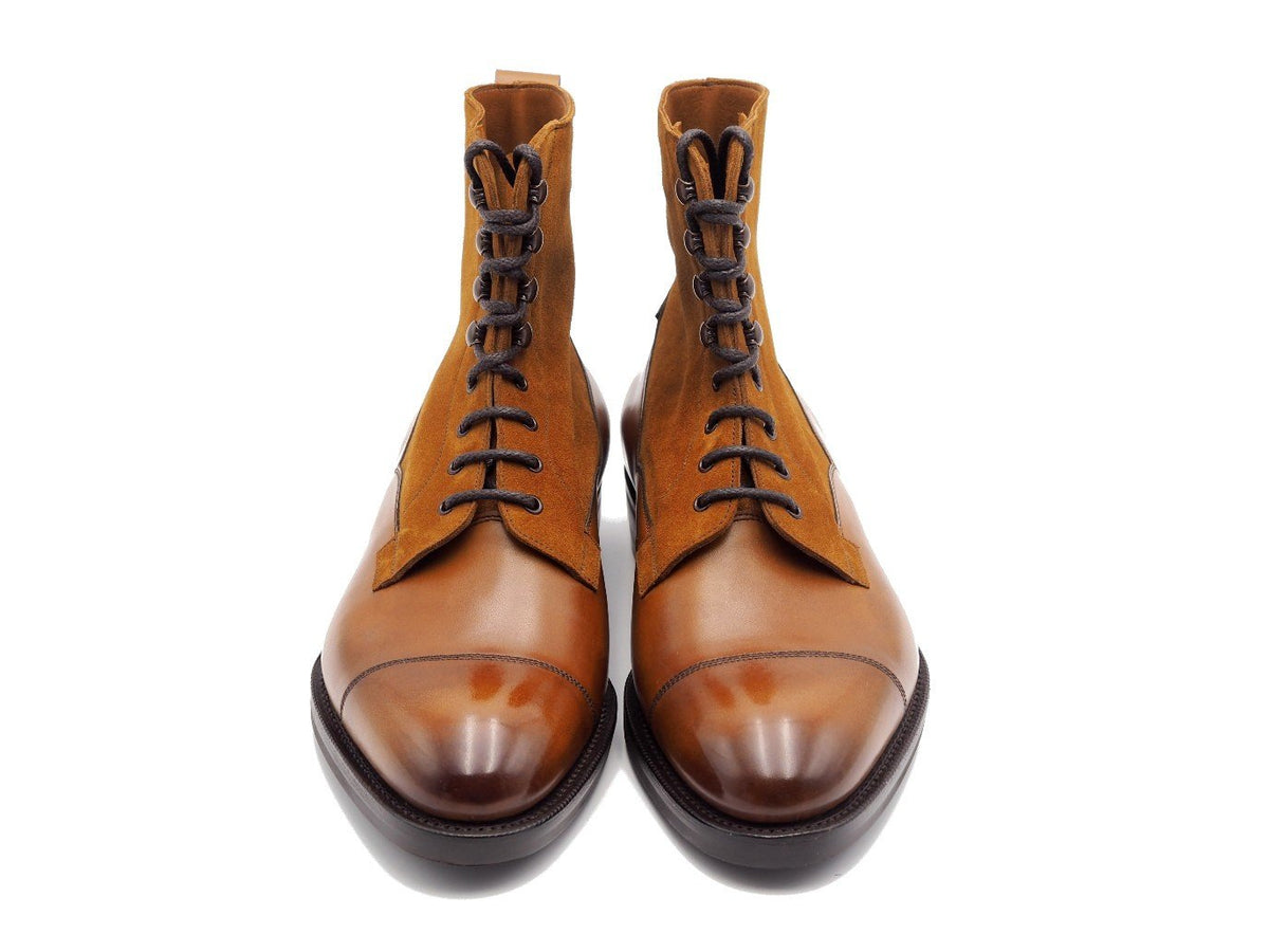 Front view of Edward Green Galway derby field boots in chestnut antique calf upper and tobacco suede shaft