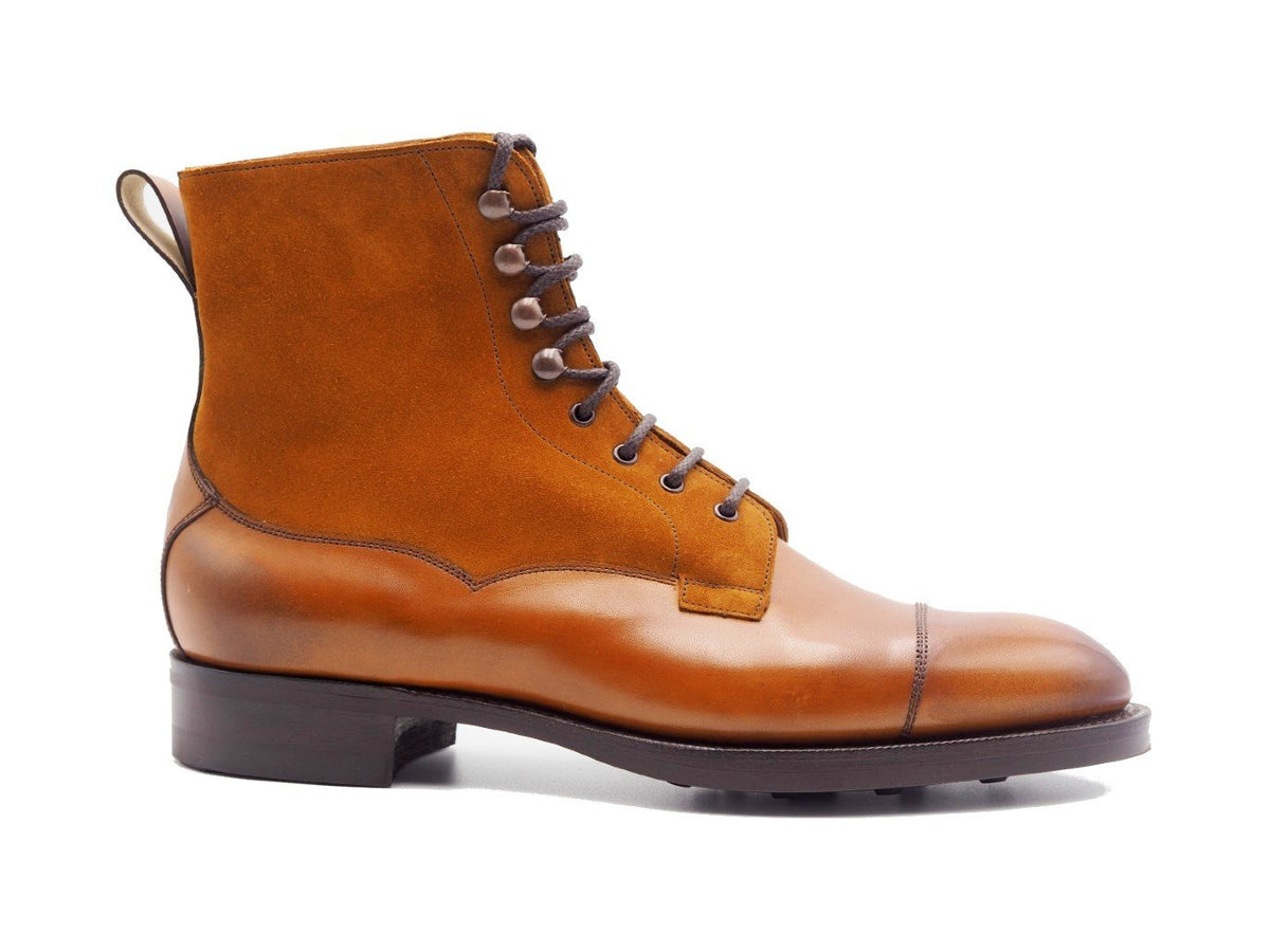Side view of Edward Green Galway derby field boots in chestnut antique calf upper and tobacco suede shaft