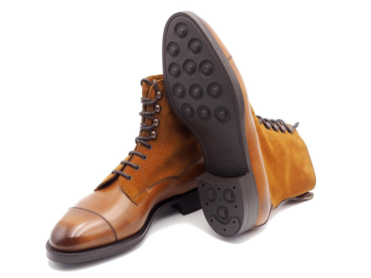 Dainite rubber sole of Edward Green Galway derby field boots in chestnut antique calf upper and tobacco suede shaft