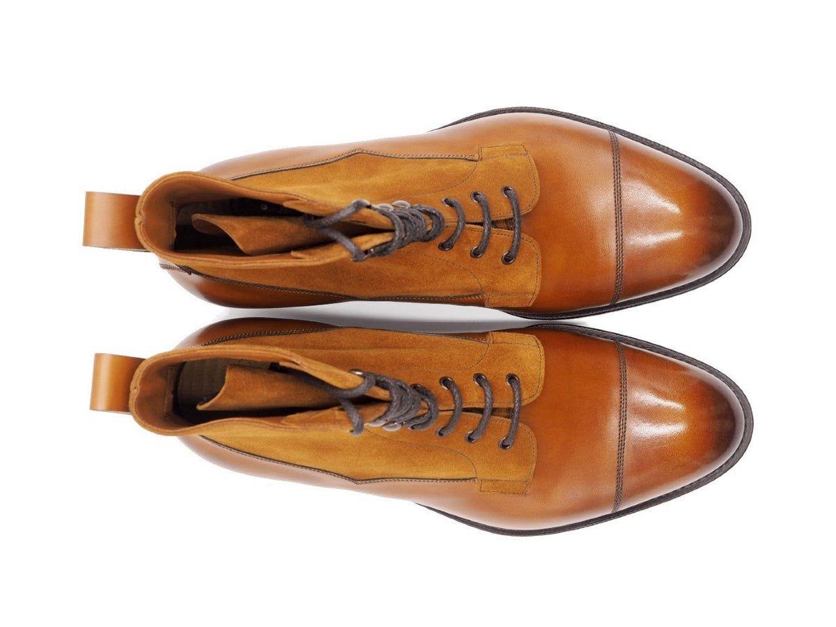 Top view of Edward Green Galway derby field boots in chestnut antique calf upper and tobacco suede shaft