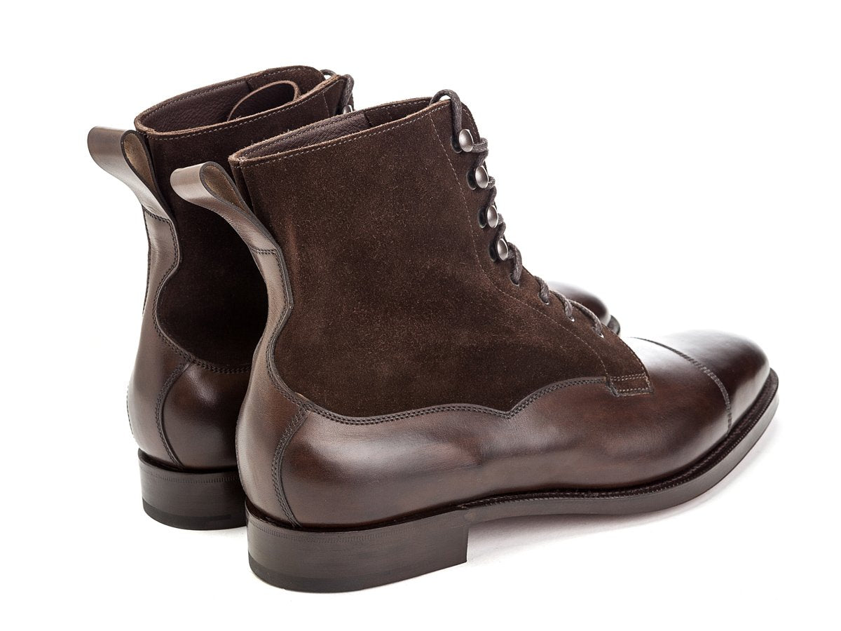 Back angle view of Edward Green Galway derby field boots in dark oak antique calf upper and mink suede shaft