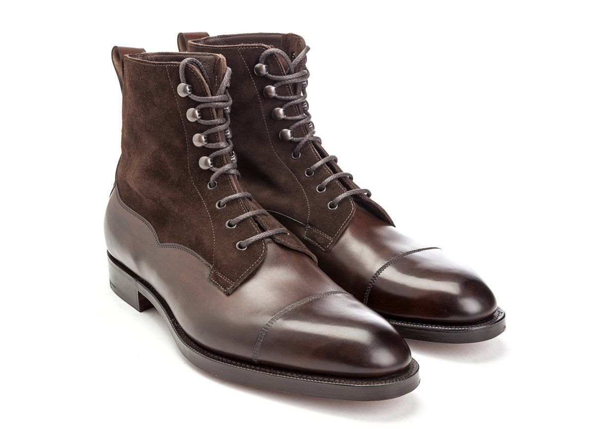 Front angle view of Edward Green Galway derby field boots in dark oak antique calf upper and mink suede shaft