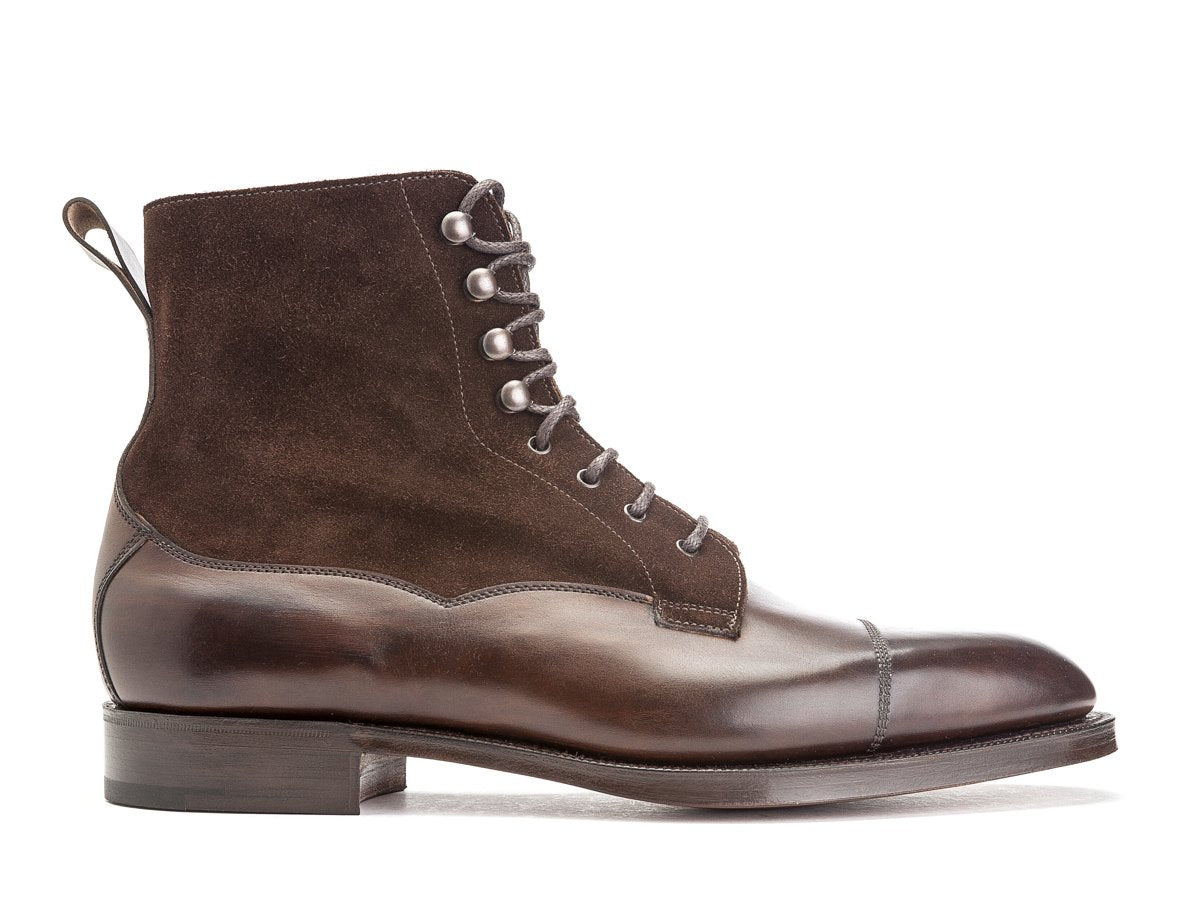 Side view of Edward Green Galway derby field boots in dark oak antique calf upper and mink suede shaft