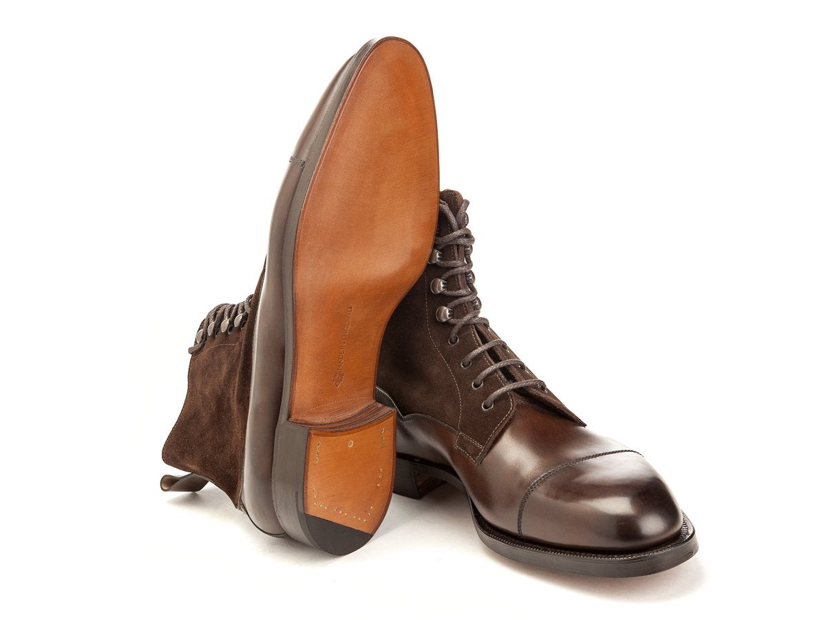 Leather sole of Edward Green Galway derby field boots in dark oak antique calf upper and mink suede shaft