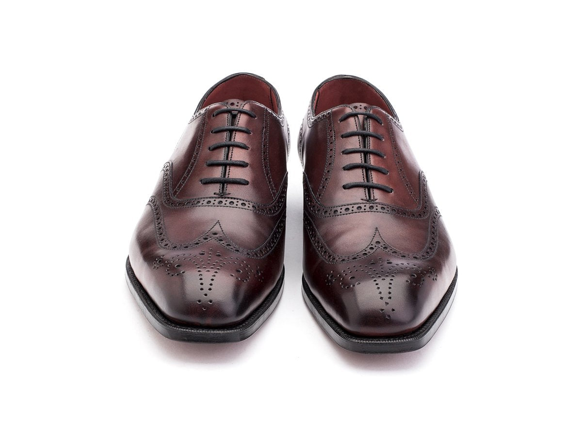 Front view of Edward Green Inverness wingtip full brogue oxford shoes in burgundy antique calf