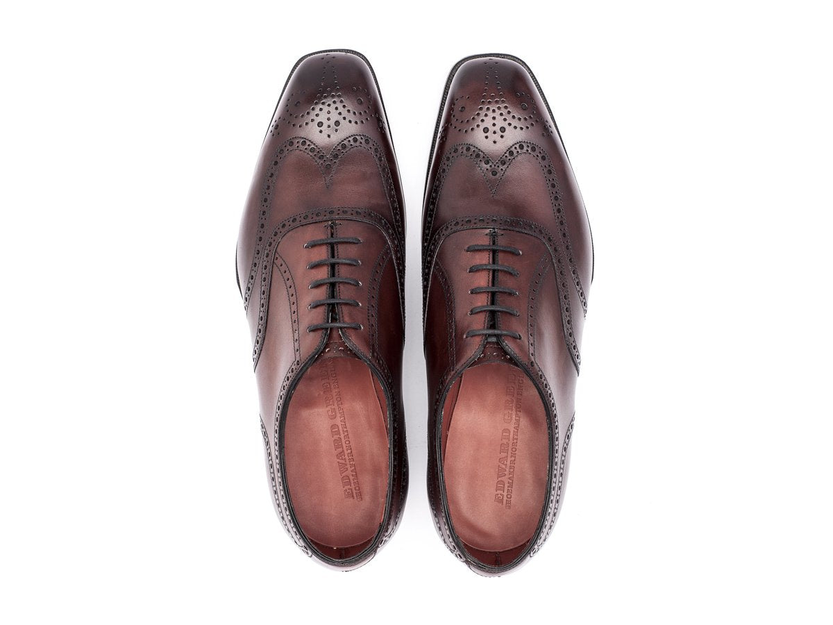 Top view of Edward Green Inverness wingtip full brogue oxford shoes in burgundy antique calf