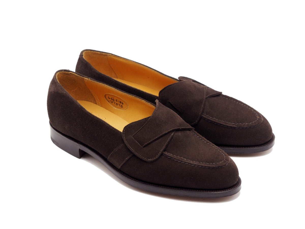 Front angle view of Edward Green Lulworth butterfly strap loafers in espresso suede