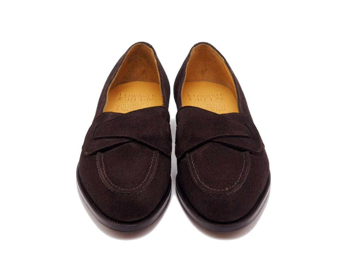 Front view of Edward Green Lulworth butterfly strap loafers in espresso suede