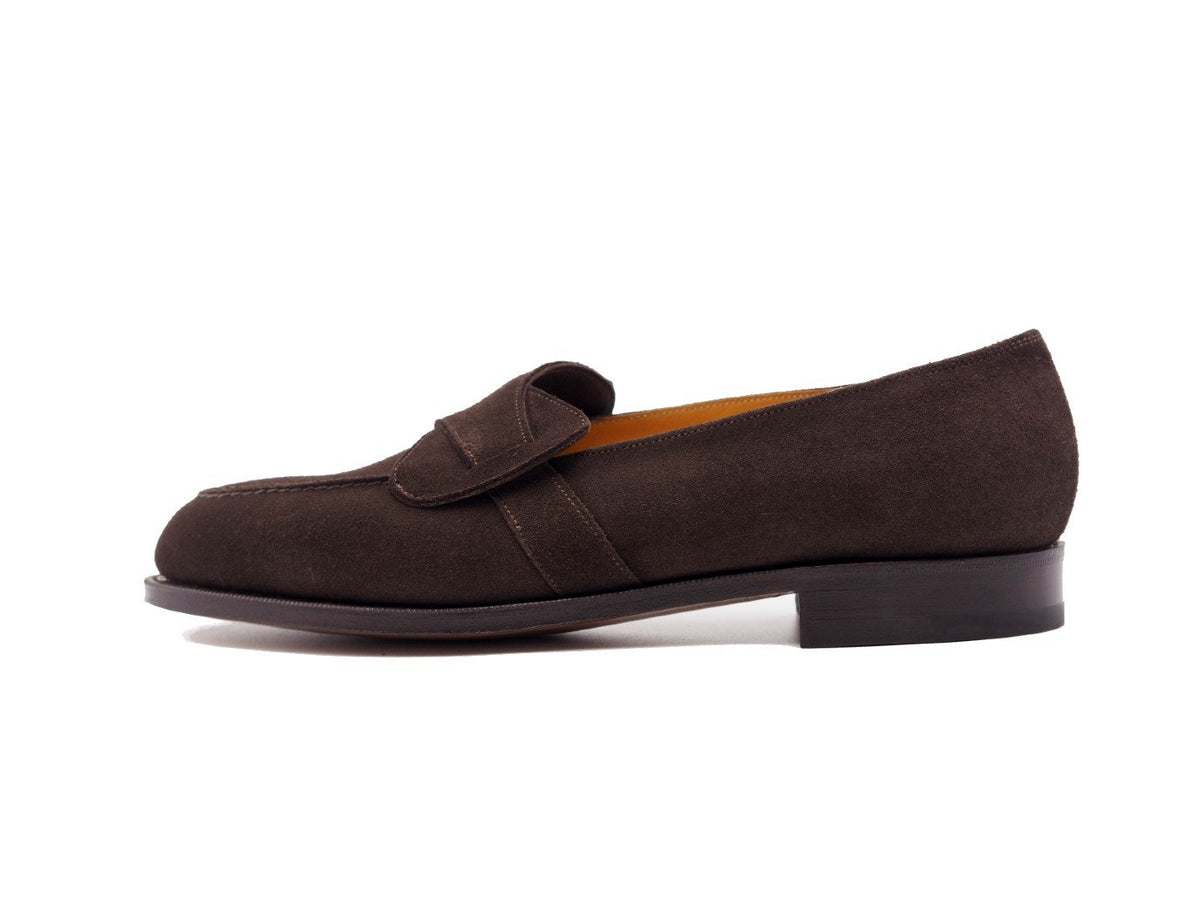 Side view of Edward Green Lulworth butterfly strap loafers in espresso suede