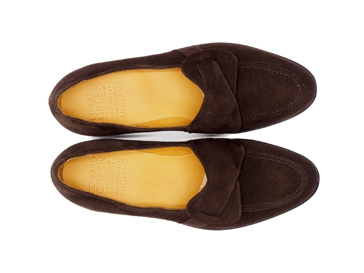 Top view of Edward Green Lulworth butterfly strap loafers in espresso suede