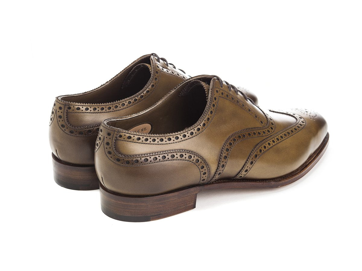 Back angle view of Edward Green Malvern wingtip full brogue oxford shoes in chameleon antique calf