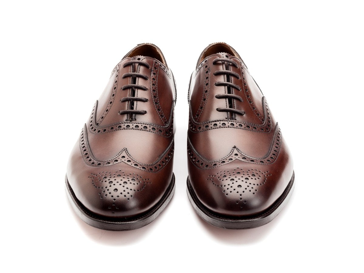 Front view of Edward Green Malvern wingtip full brogue oxford shoes in dark oak antique calf