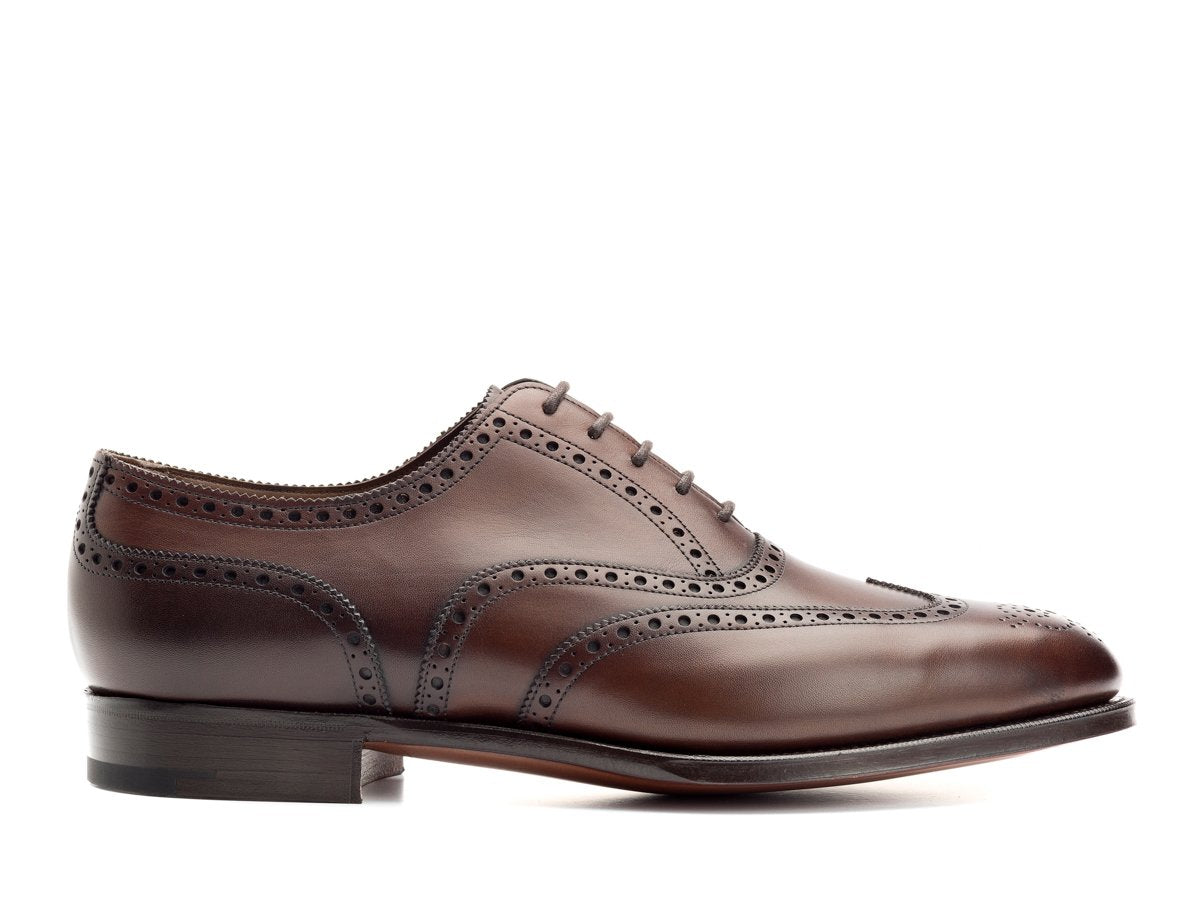 Side view of Edward Green Malvern wingtip full brogue oxford shoes in dark oak antique calf