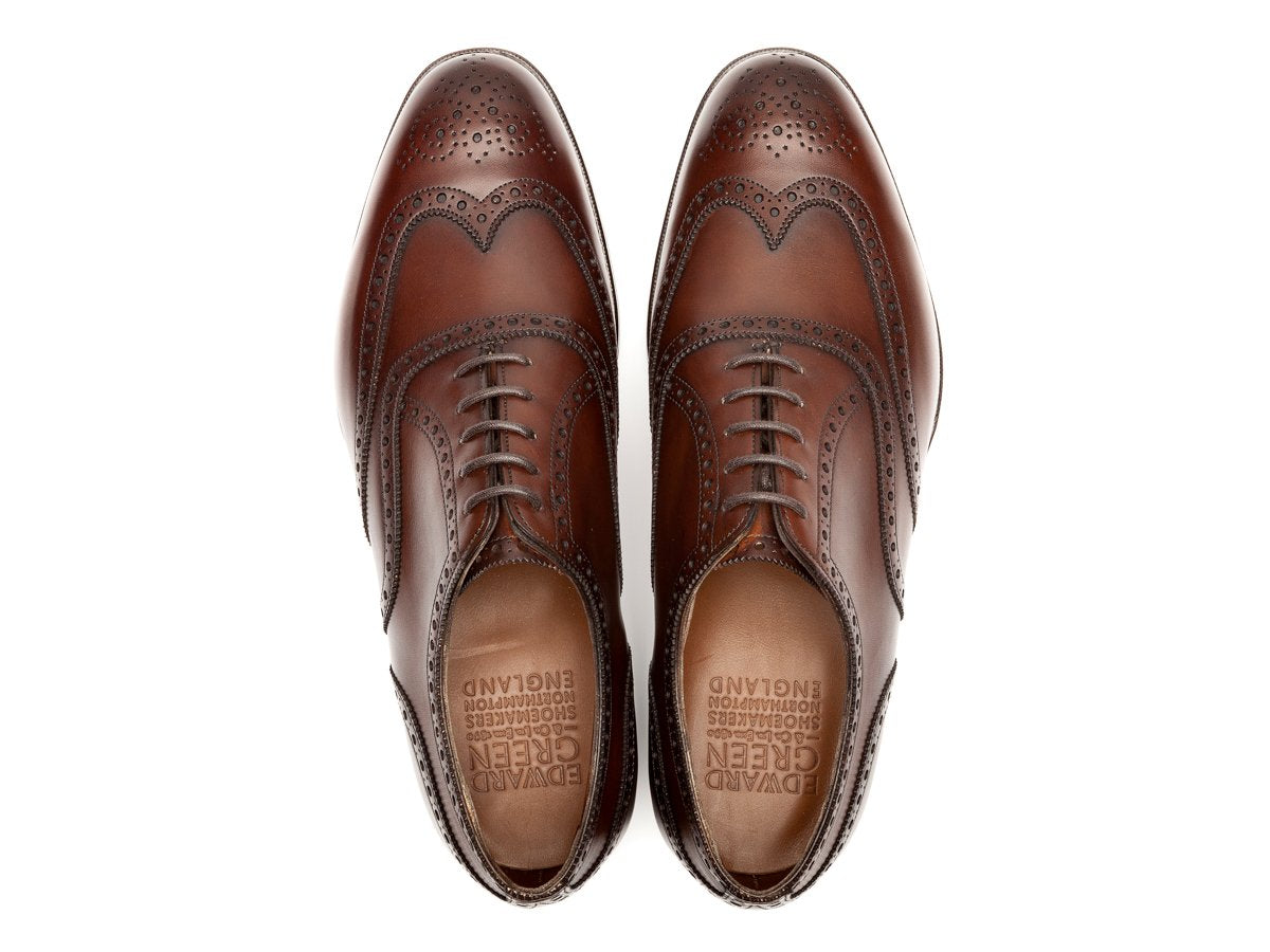 Top view of Edward Green Malvern wingtip full brogue oxford shoes in dark oak antique calf