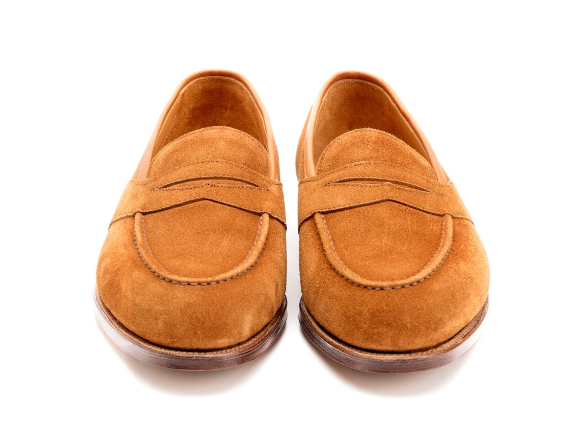 Front view of Edward Green Montpellier full strap penny loafer in tobacco suede