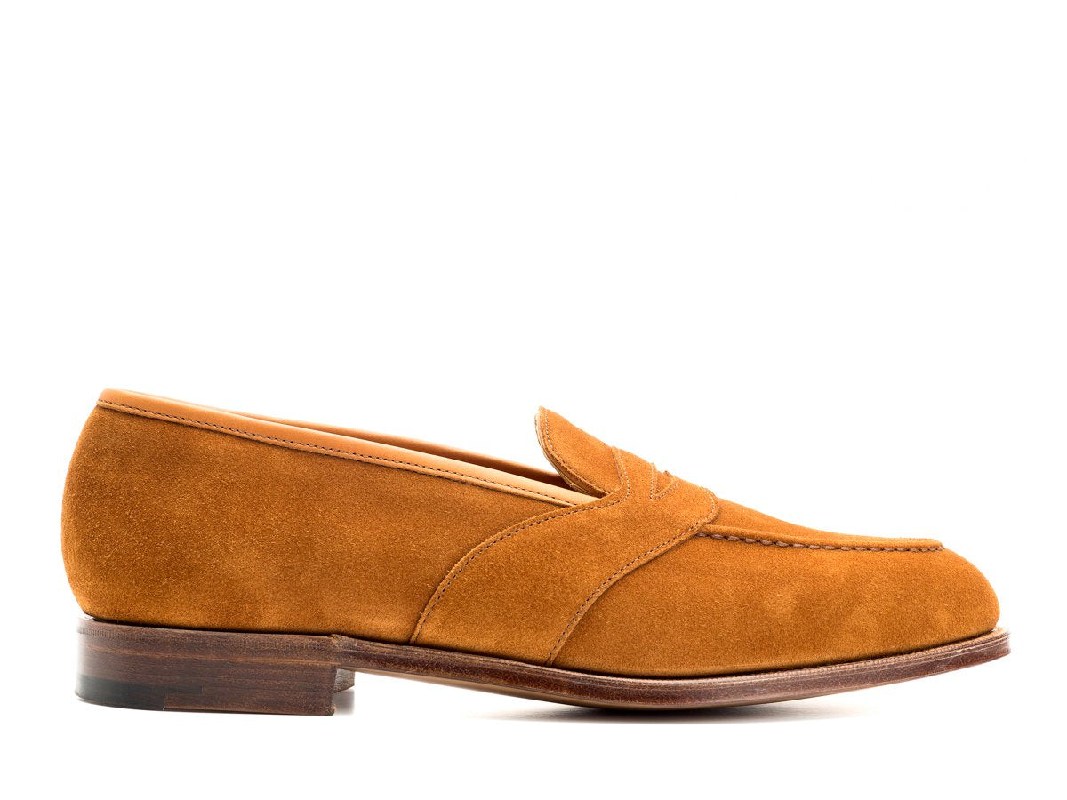 Side view of Edward Green Montpellier full strap penny loafer in tobacco suede