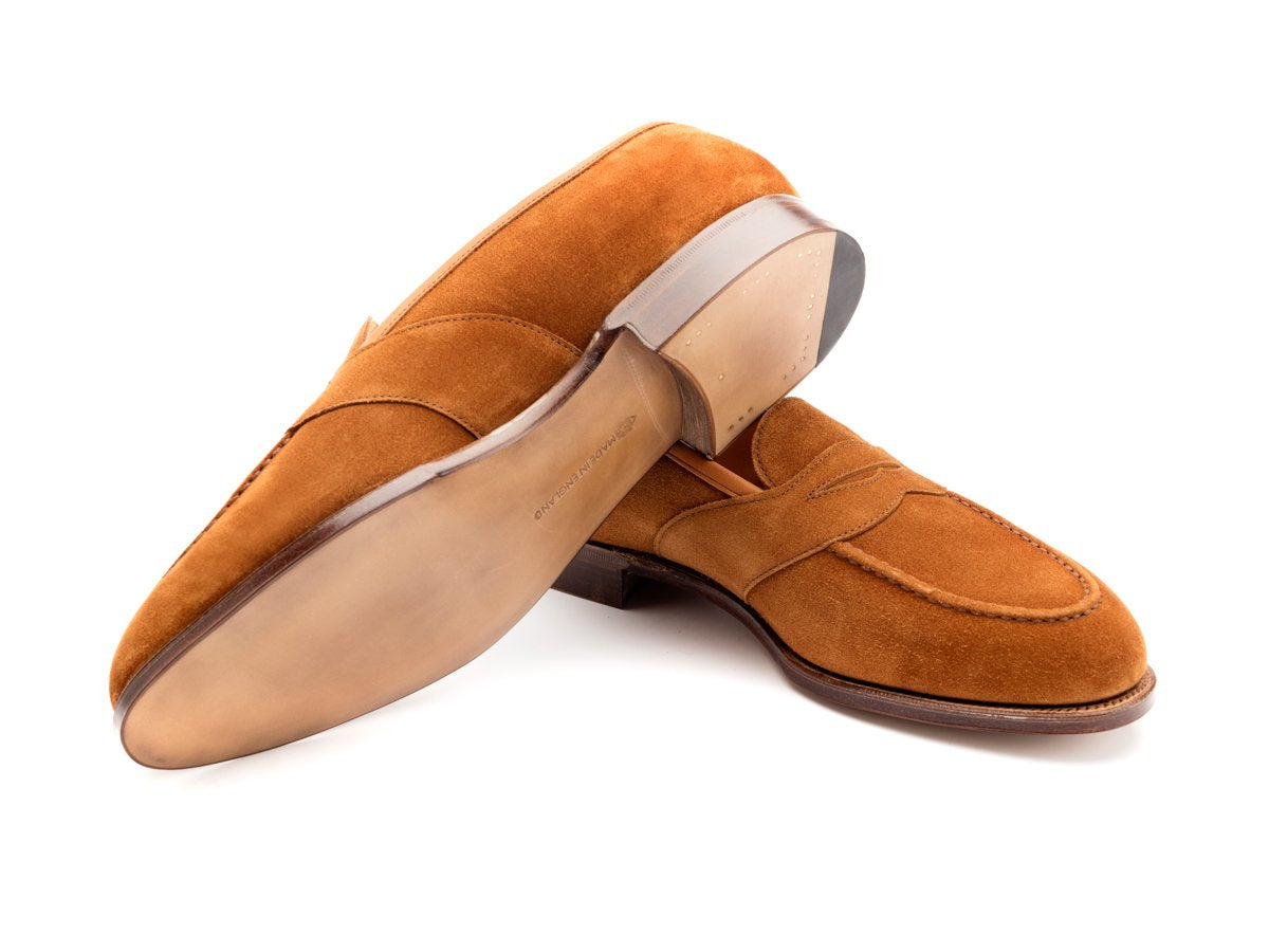 Leather sole of Edward Green Montpellier full strap penny loafer in tobacco suede