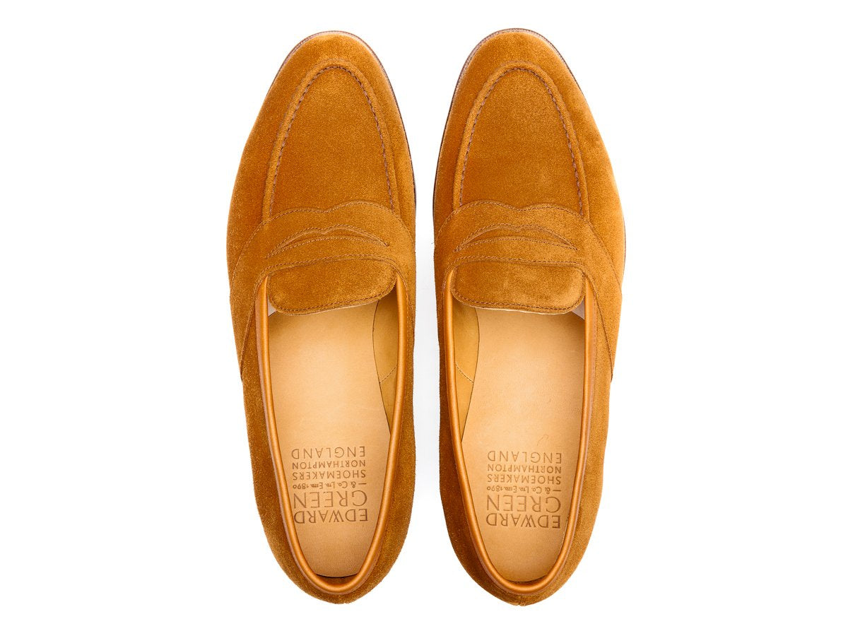 Top view of Edward Green Montpellier full strap penny loafer in tobacco suede