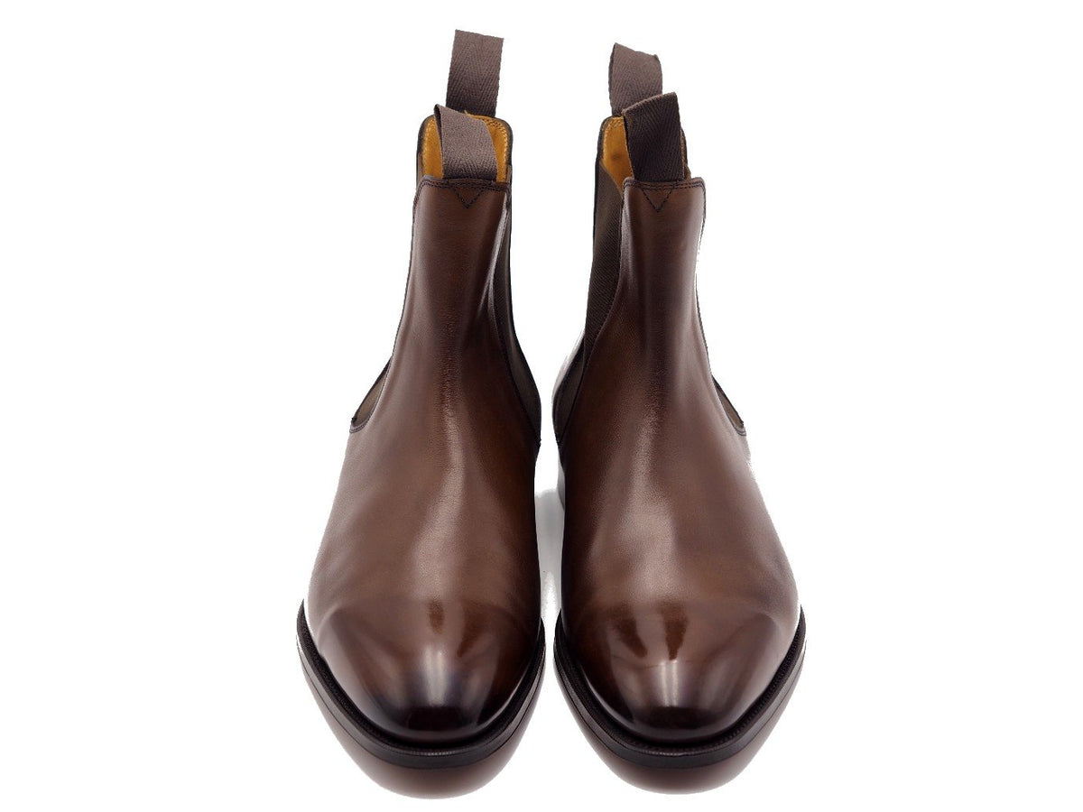 Front view of Edward Green Newmarket chelsea boots in dark oak antique calf