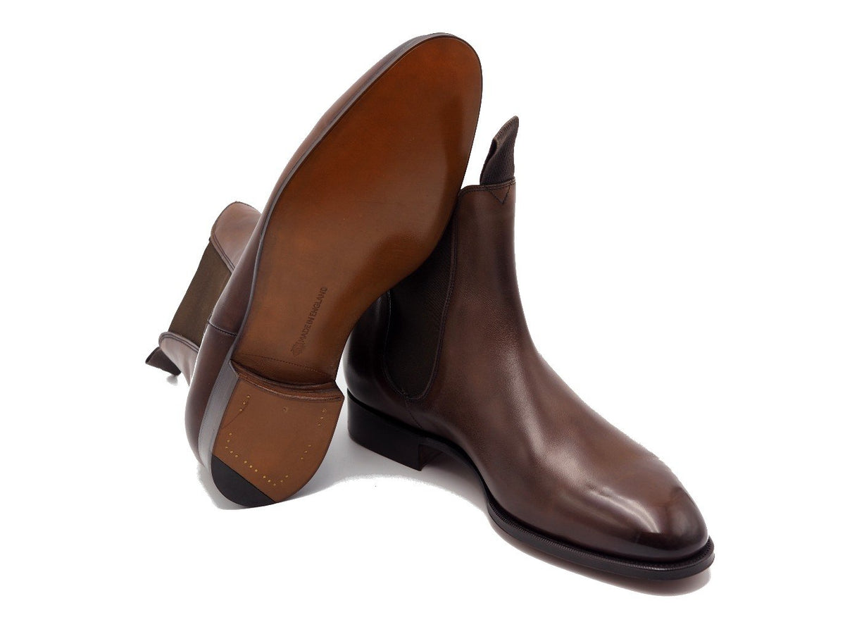 Leather sole of Edward Green Newmarket chelsea boots in dark oak antique calf