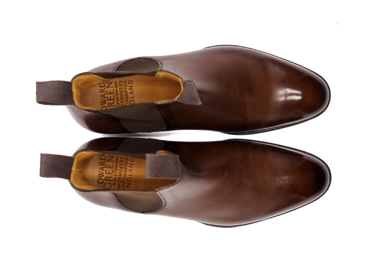 Top view of Edward Green Newmarket chelsea boots in dark oak antique calf