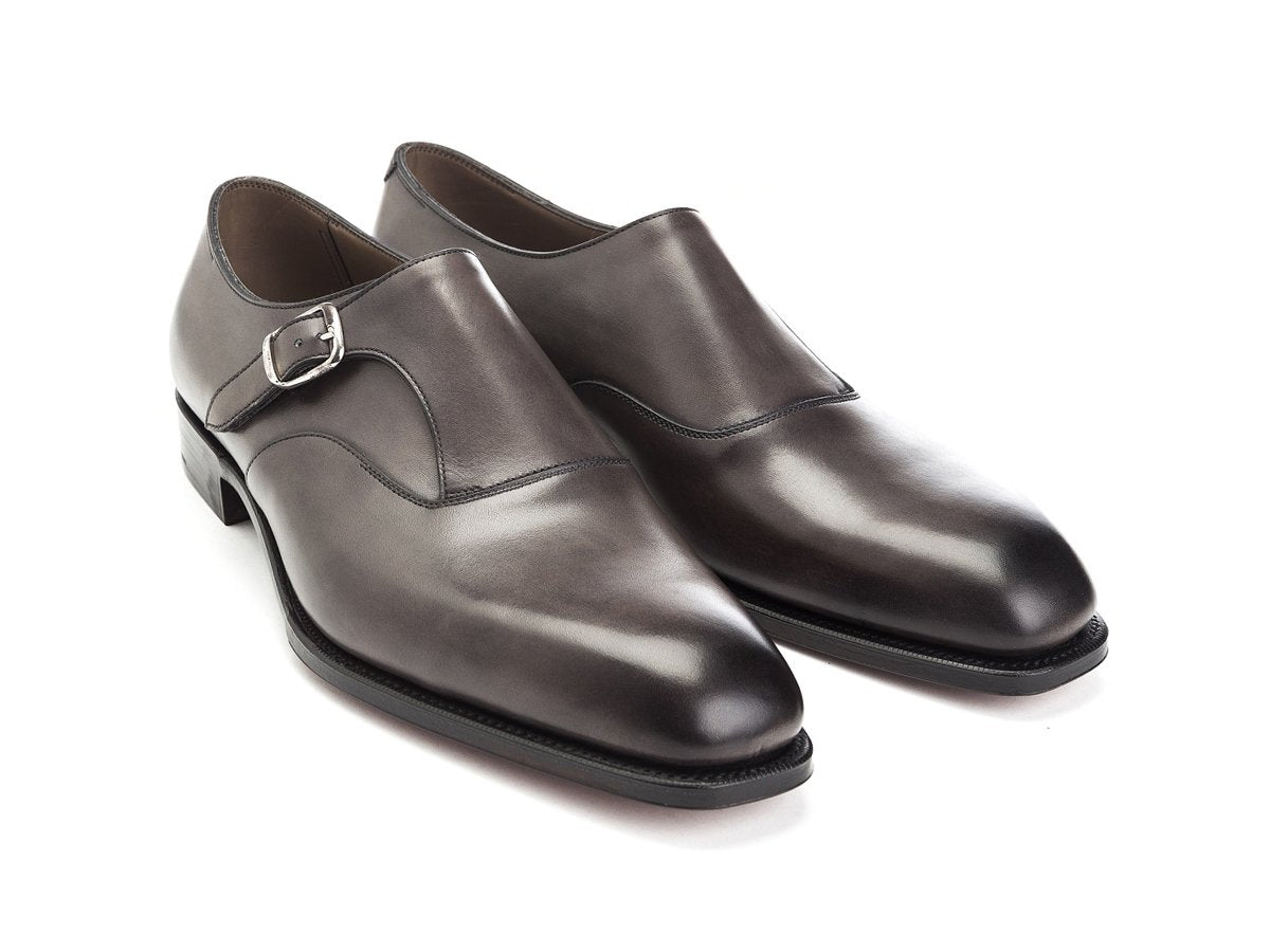 Front angle view of Edward Green Oundle single monk strap shoes in cloud antique calf
