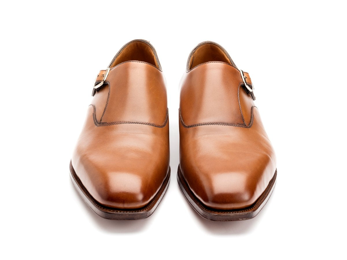 Front view of Edward Green Oundle single monk strap shoes in edwardian antique calf