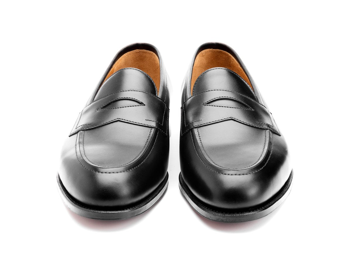 Front view of Edward Green Piccadilly penny loafers in black calf