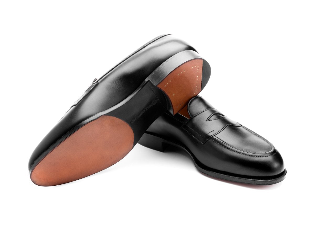 Leather sole of Edward Green Piccadilly penny loafers in black calf