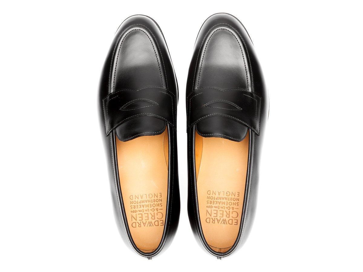 Top view of Edward Green Piccadilly penny loafers in black calf