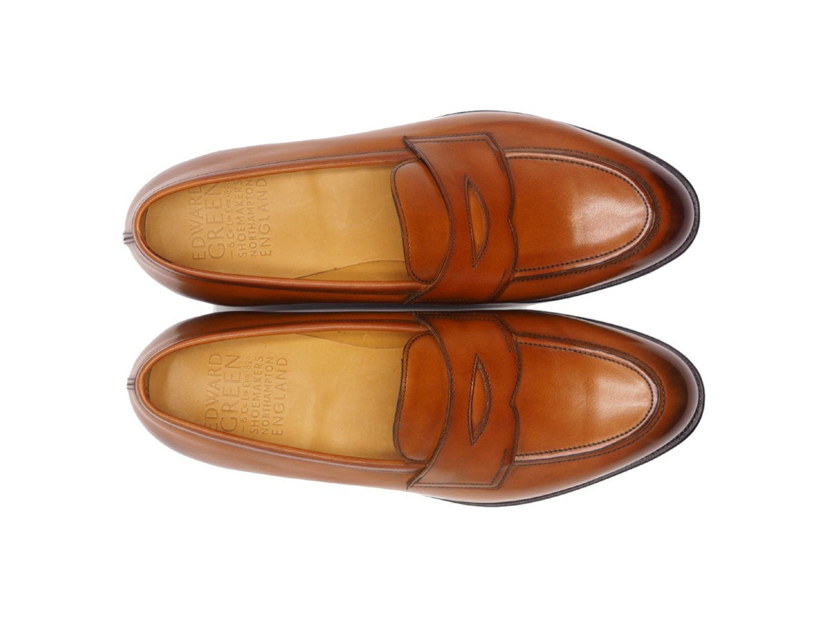 Top view of Edward Green Piccadilly penny loafers in chestnut antique calf