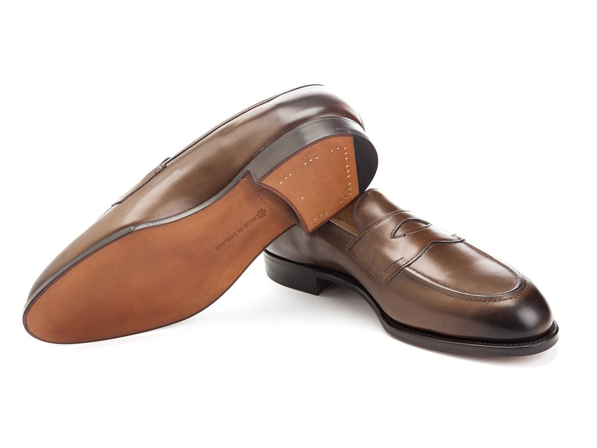 Leather sole of Edward Green Piccadilly penny loafers in dark oak antique calf